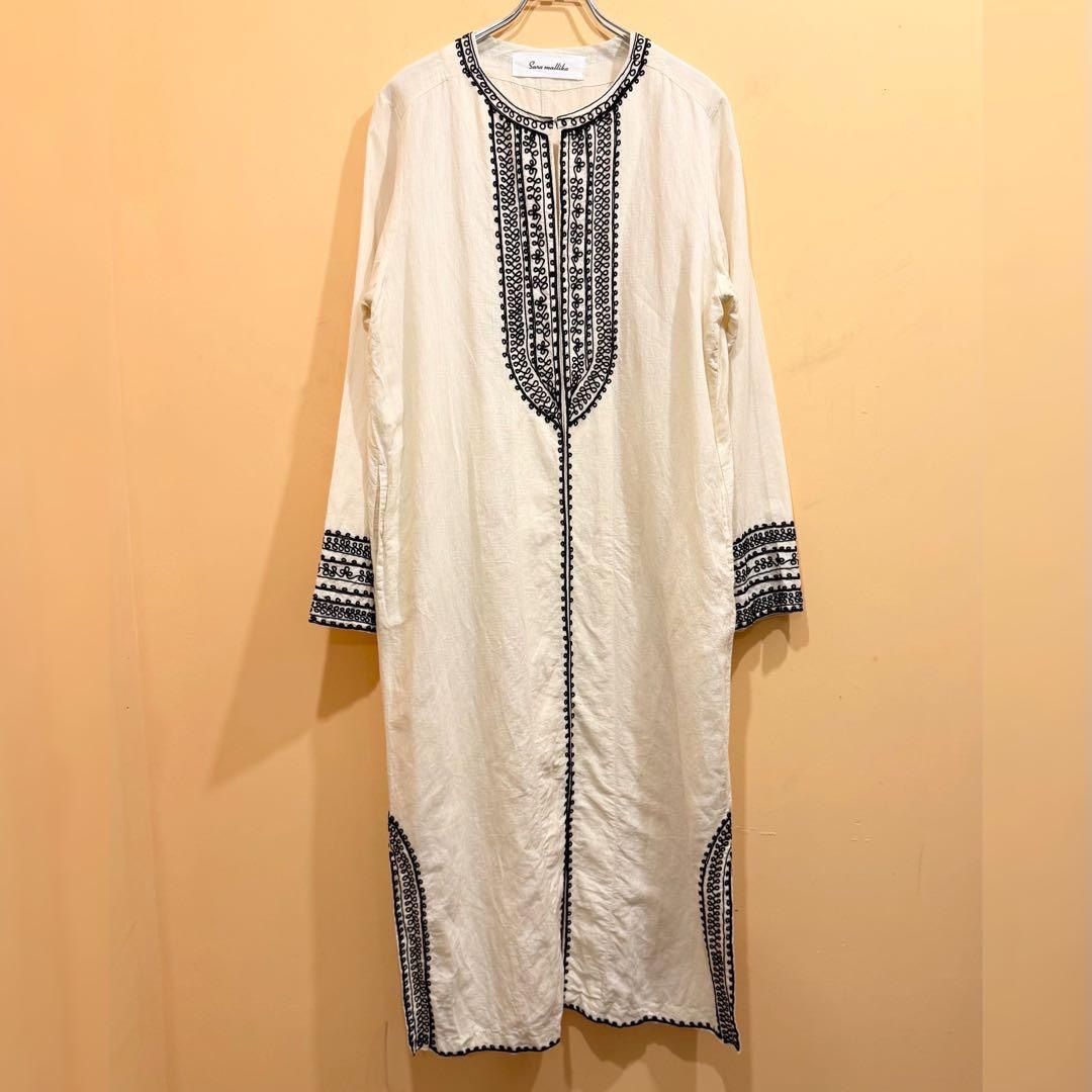 sara mallika コットン リネン 刺繍ワンピース オフホワイト インド み