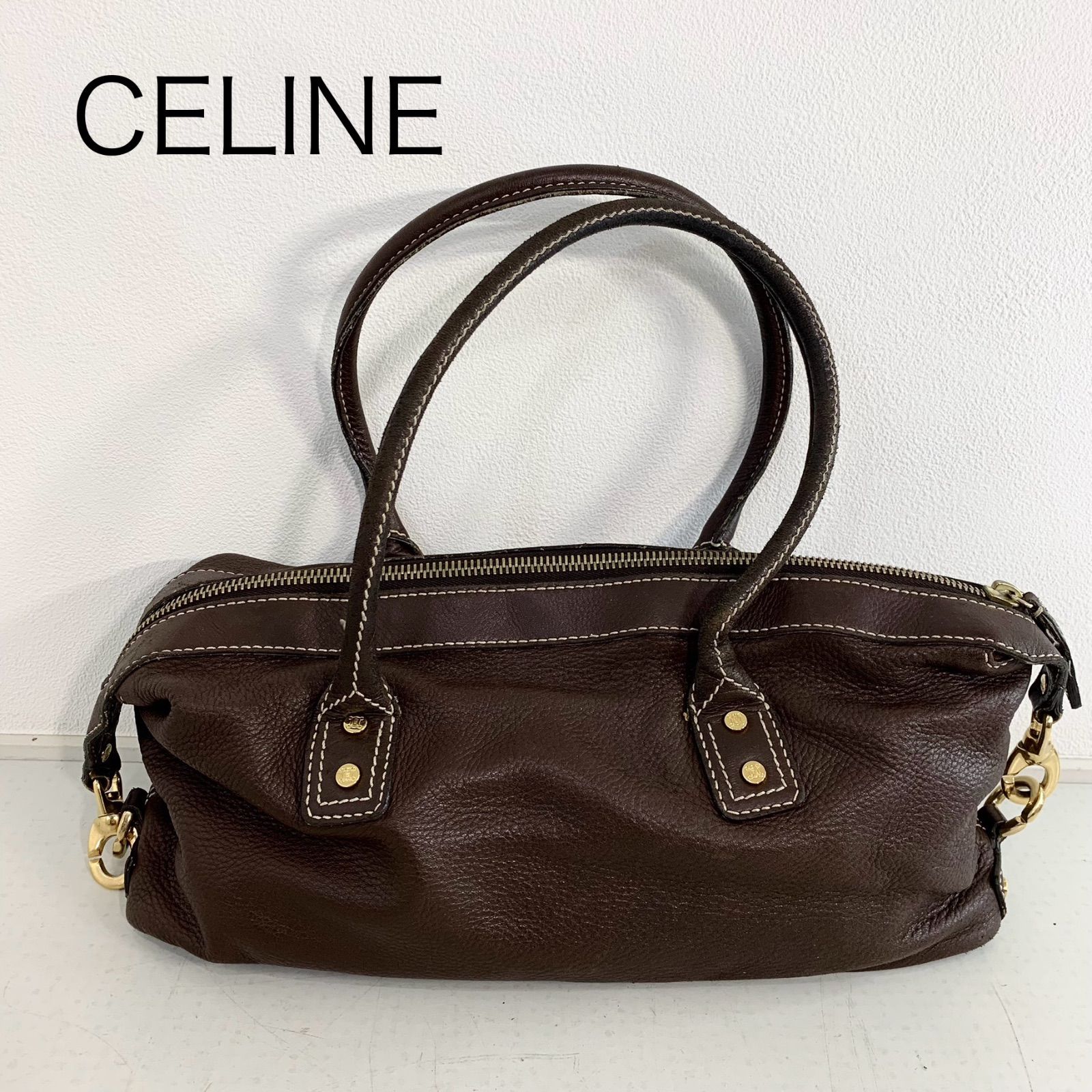 Celine CELINE Leather Bowling Bag Handbag Logo Brown Brown Women