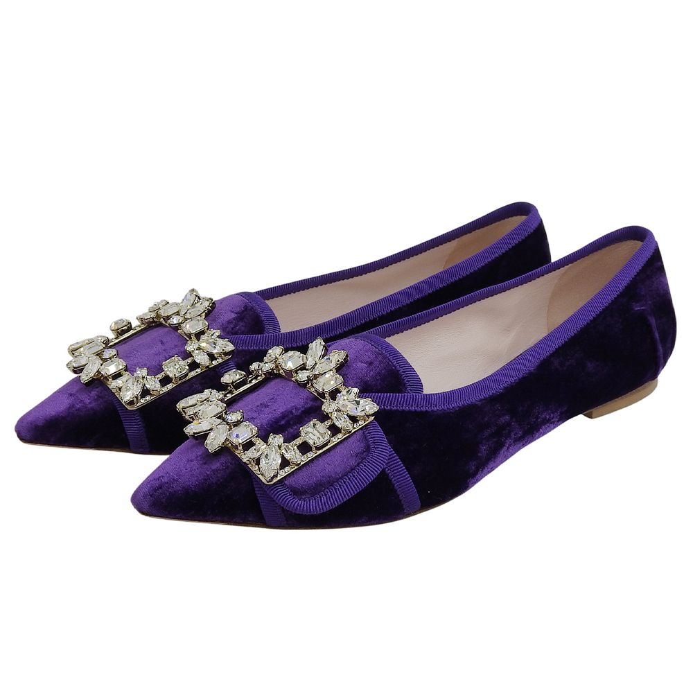 Roger Vivier ロジェヴィヴィエ クリスタルバックル ポインテッドトゥ ベルベット フラットパンプス レディース パープル 36 36