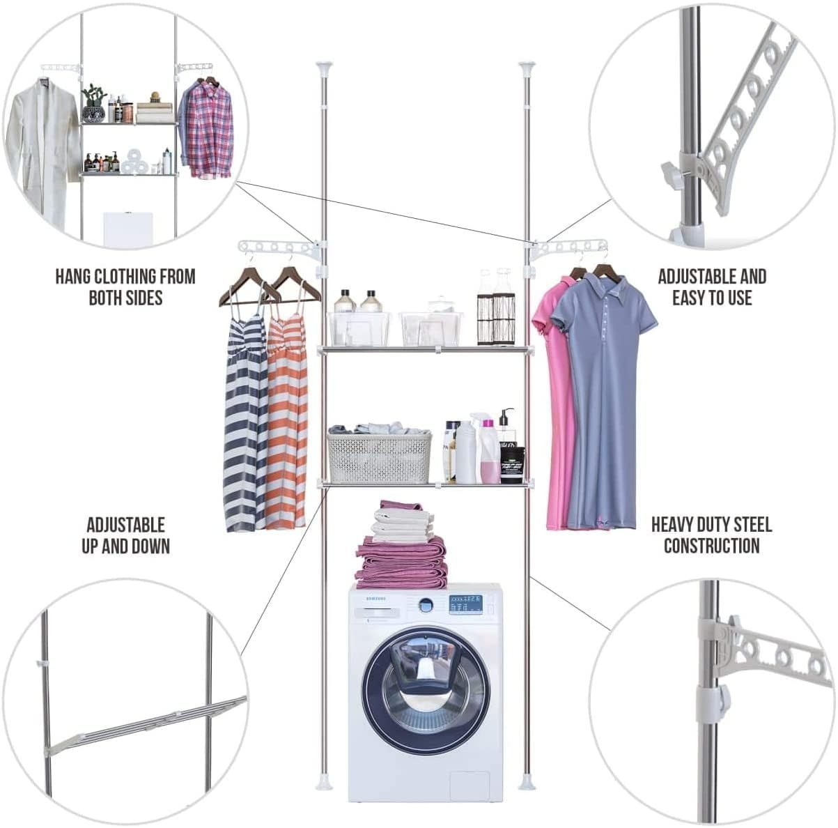 BAOYOUNI つっぱり棚 洗濯機ラック ランドリーラック2段 突っ張り式 横幅伸縮式 ランドリー収納 ステンレス 段差があっても設置できる 耐荷重20kg 簡単設置 省スペース ホワイト2段 NEXPOTALLINN_EU