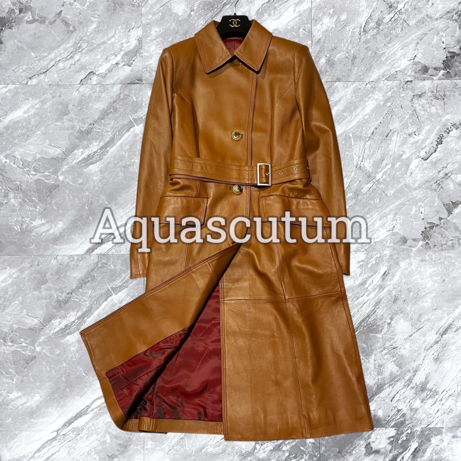 【美品】アクアスキュータム　ベルテッドレザーコート　ブラウン 未使用級 Aquascutum アクアスキュータム レザーコート ベルテッド