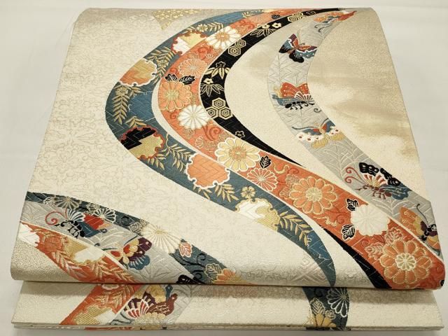 平和屋着物◎六通柄袋帯 唐織 鬘帯花蝶文 金銀糸 正絹 逸品 CAAW9442qe