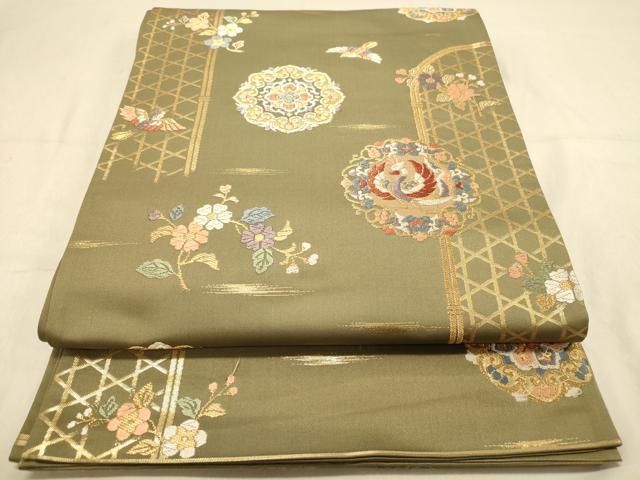 平和屋着物▽六通柄袋帯 吉祥花唐草文 金糸 正絹 逸品 AABB9763wj