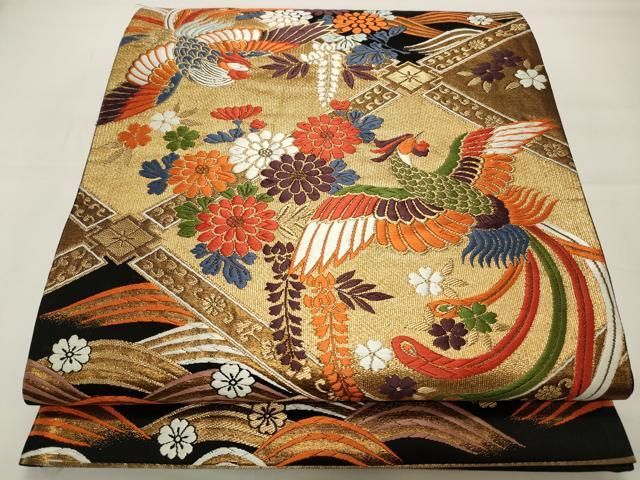 平和屋着物◎六通柄袋帯 唐織 格天鳳凰菊文 黒地 金糸 正絹 逸品