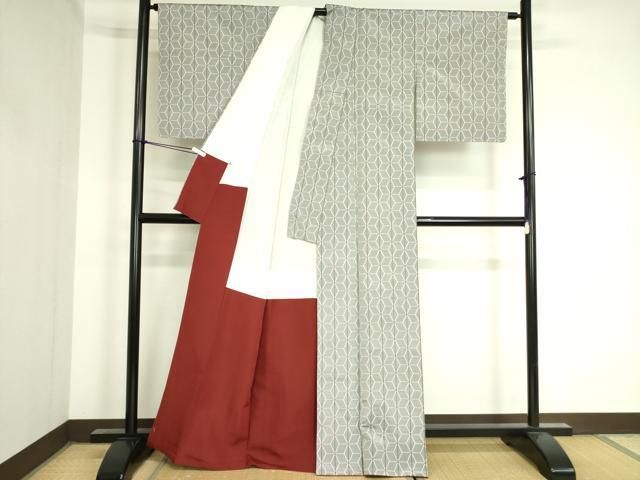 平和屋着物▽上質な紬 単衣 麻の葉文様 正絹 逸品 AABC0702jh 平和屋