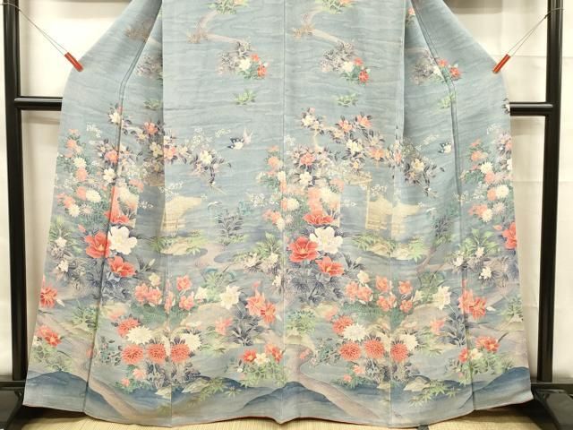 平和屋着物●訪問着　流水草花文　鬼しぼ縮緬　正絹　逸品　未使用　CAAY6776gh 平和屋着物□訪問着 流水草花文 鬼しぼ縮緬 正絹 逸品 DAAX8787cm 平和