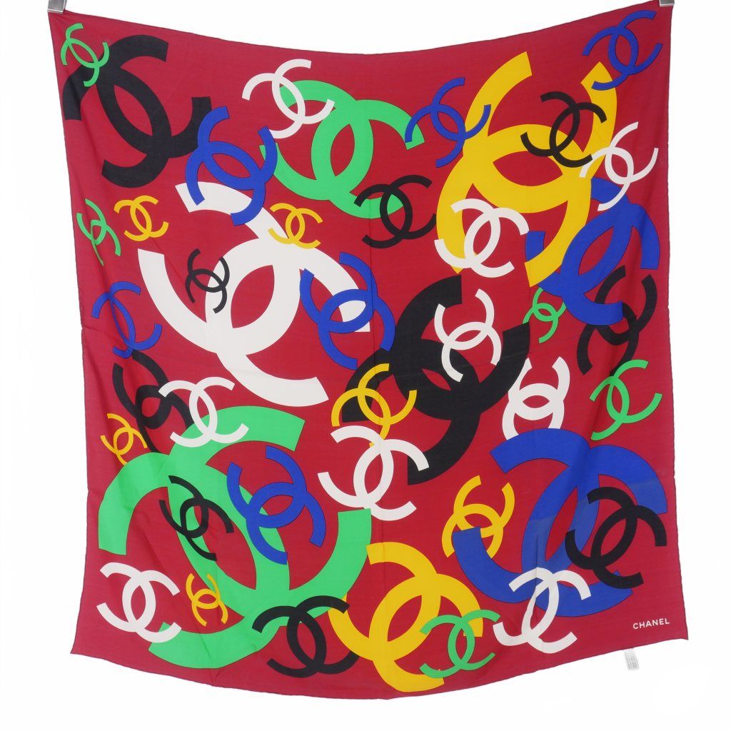 シャネル CHANEL ココマーク マルチカラー シルクスカーフ 赤 レッド