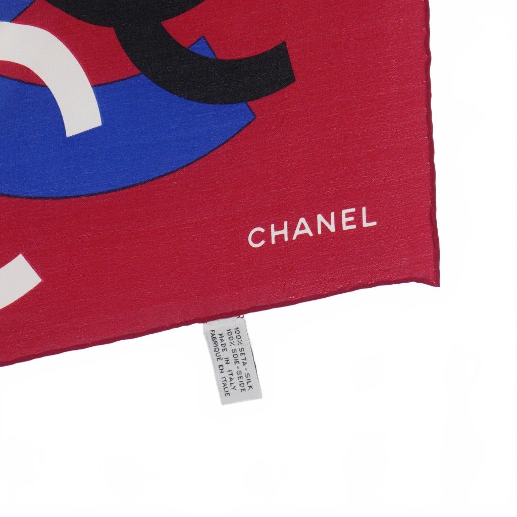 シャネル CHANEL ココマーク マルチカラー シルクスカーフ 赤 レッド