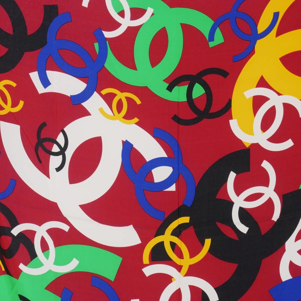 シャネル CHANEL ココマーク マルチカラー シルクスカーフ 赤 レッド