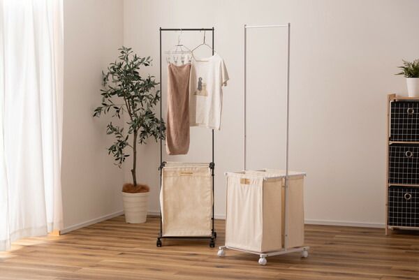 ランドリーハンガー キャスター付き バスケット付き 洗濯 ランドリーバスケット 洗濯物 収納 シンプル 洗濯カゴ 洗濯物入れ ホワイト 白 ダークグレー