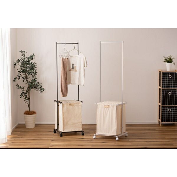 ランドリーハンガー キャスター付き バスケット付き 洗濯 ランドリーバスケット 洗濯物 収納 シンプル 洗濯カゴ 洗濯物入れ ホワイト 白 ダークグレー