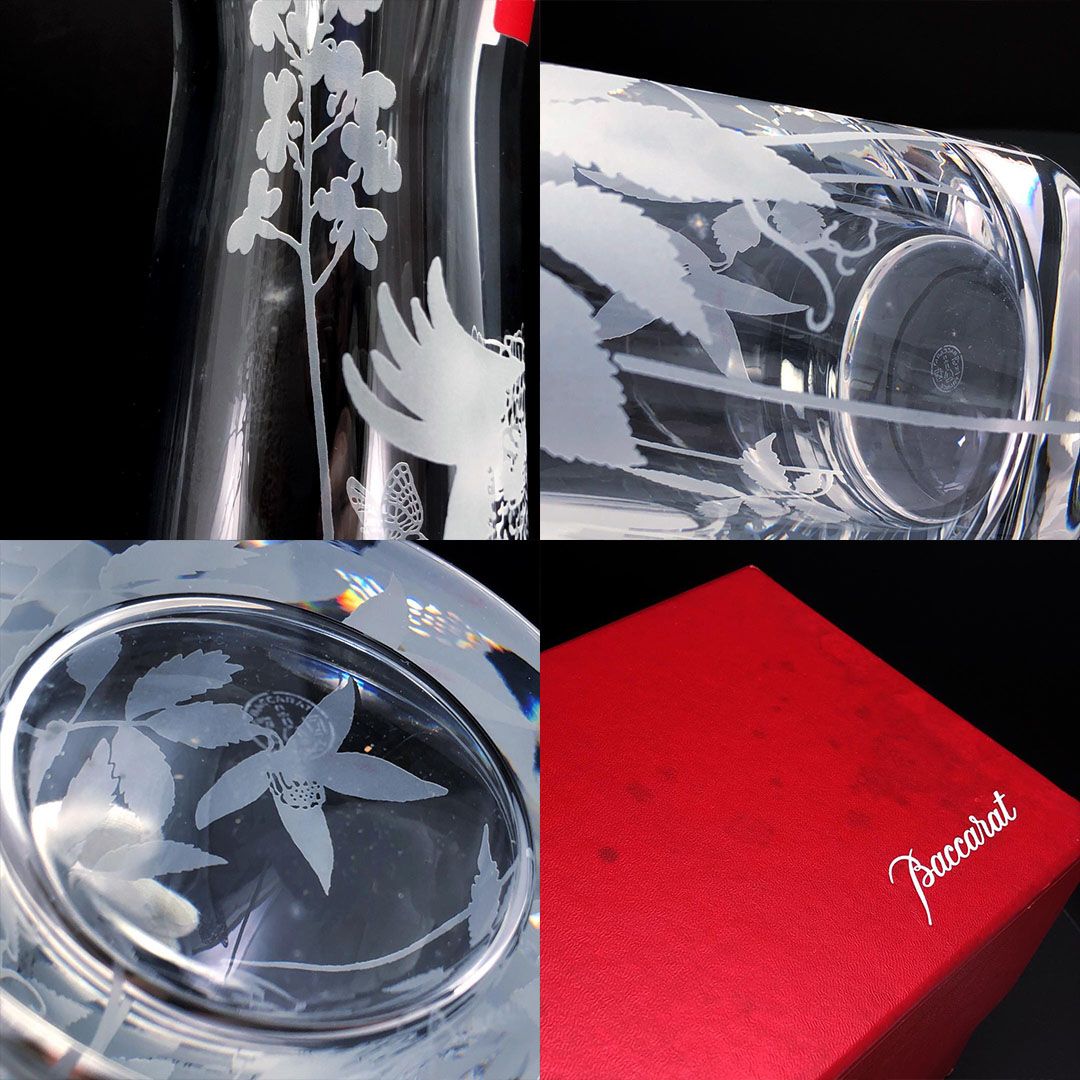 希少】バカラ／ポエティックガーデン オウム＆蝶柄 フワラーベース