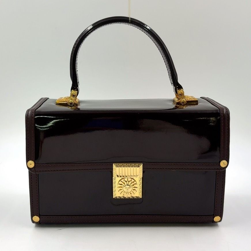 Versace サンバースト バニティバッグ レザー×エナメル ダークブラウン ハンドバッグ ゴールド