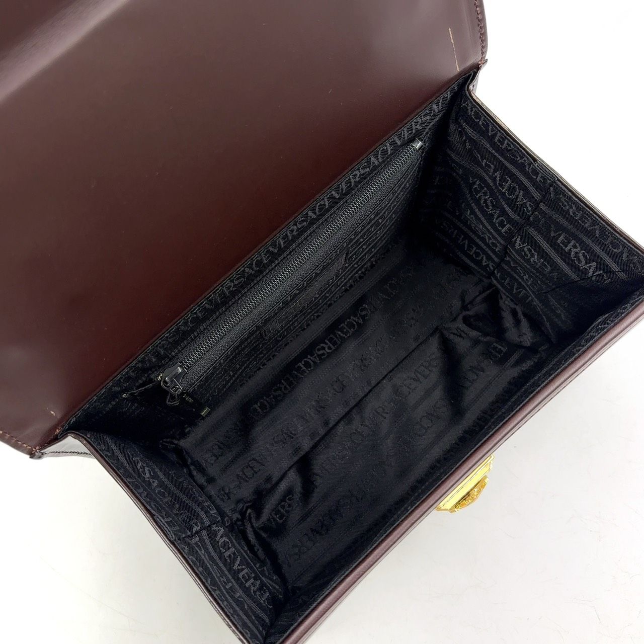 Versace サンバースト バニティバッグ レザー×エナメル ダークブラウン ハンドバッグ ゴールド DECORATOM_COM_BR