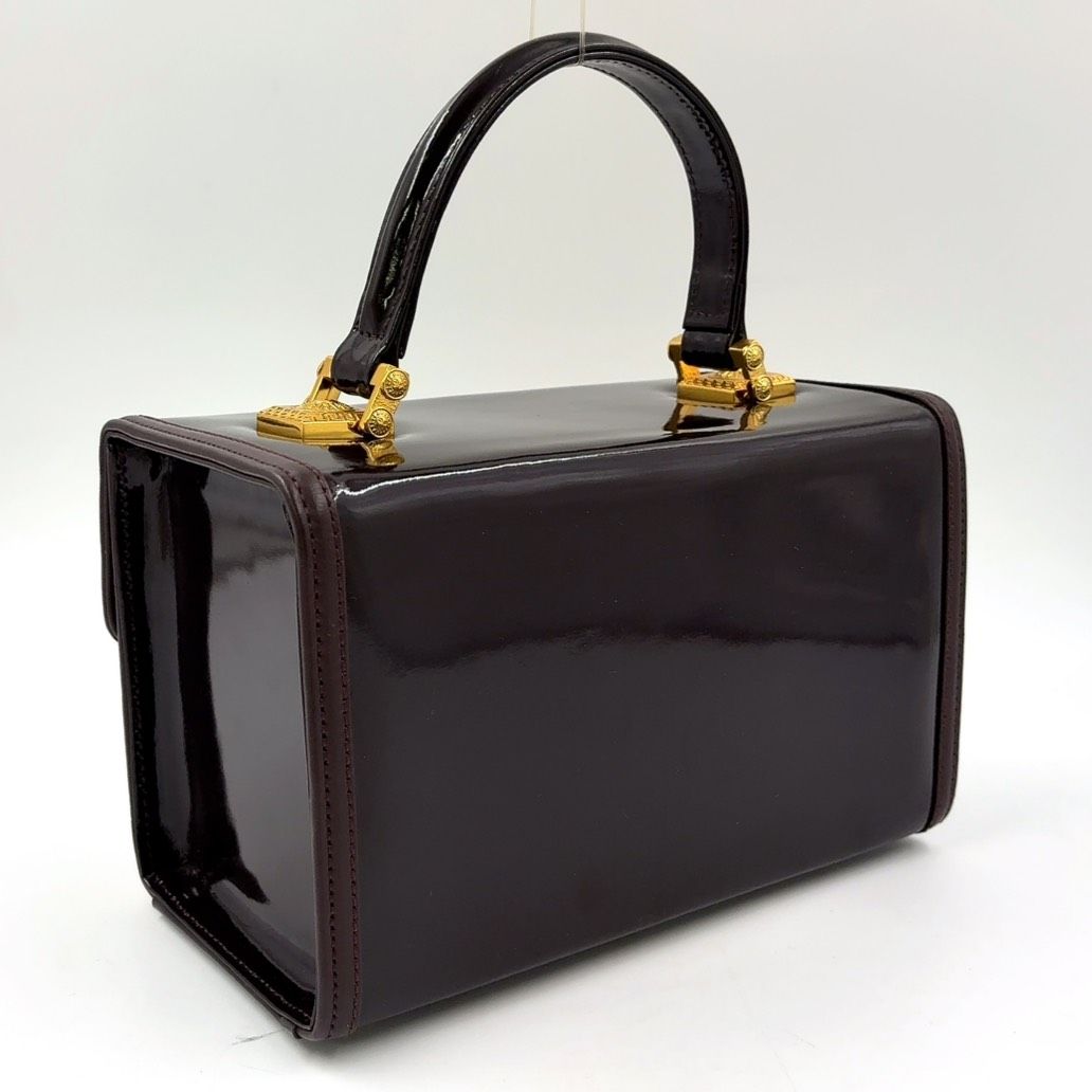 Versace サンバースト バニティバッグ レザー×エナメル ダークブラウン ハンドバッグ ゴールド