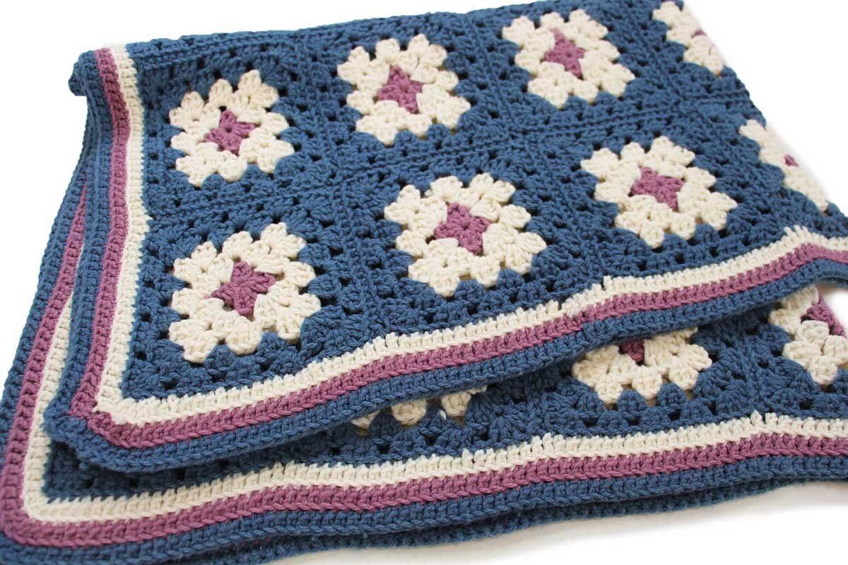 スクエア モチーフ ニット グラニー ブランケット☆L カギ編み ラグ