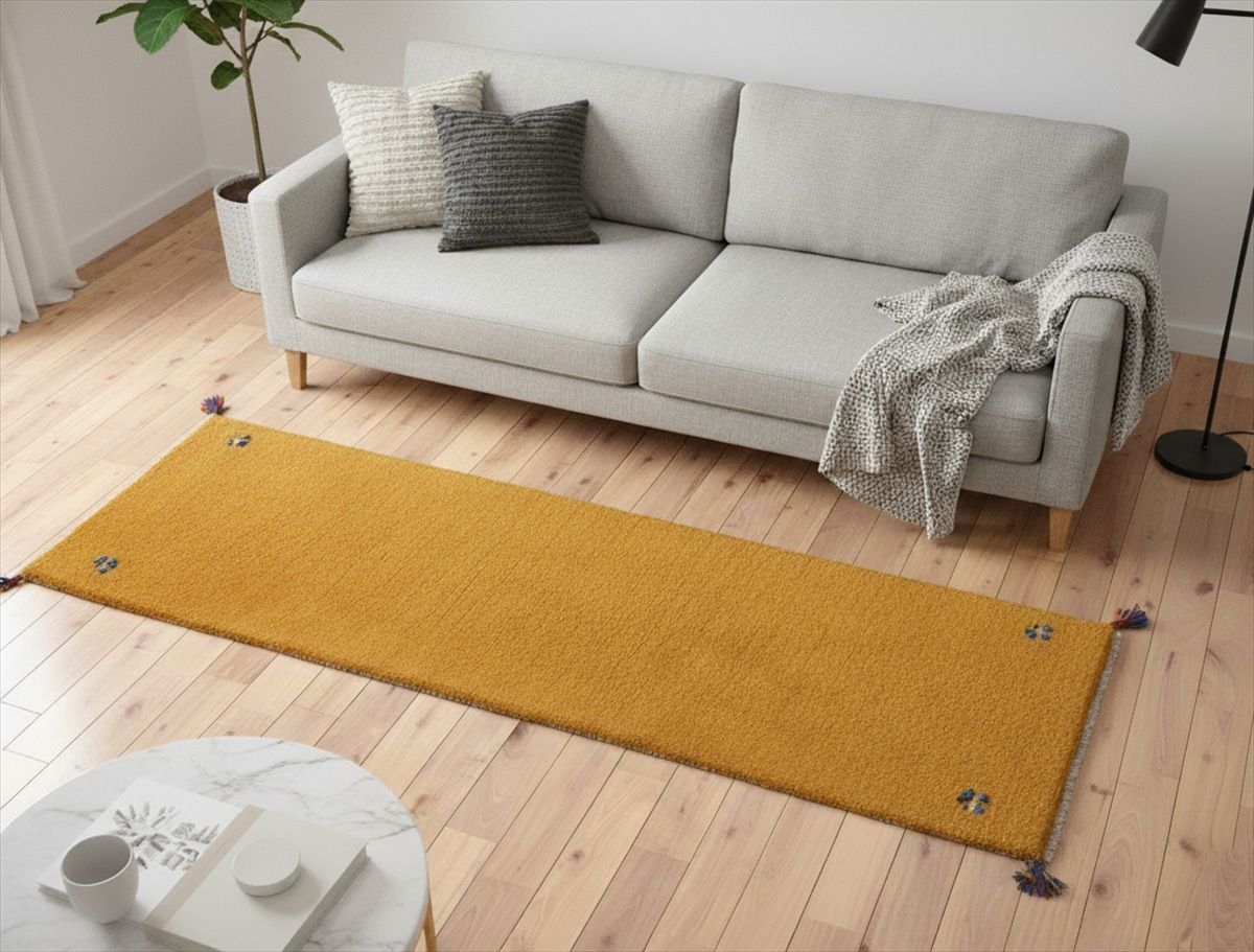 ペルシャ ギャッベ ランナー大 リビング 廊下敷 ラグ 196x60cm 黄金色 シンプル RJ13440