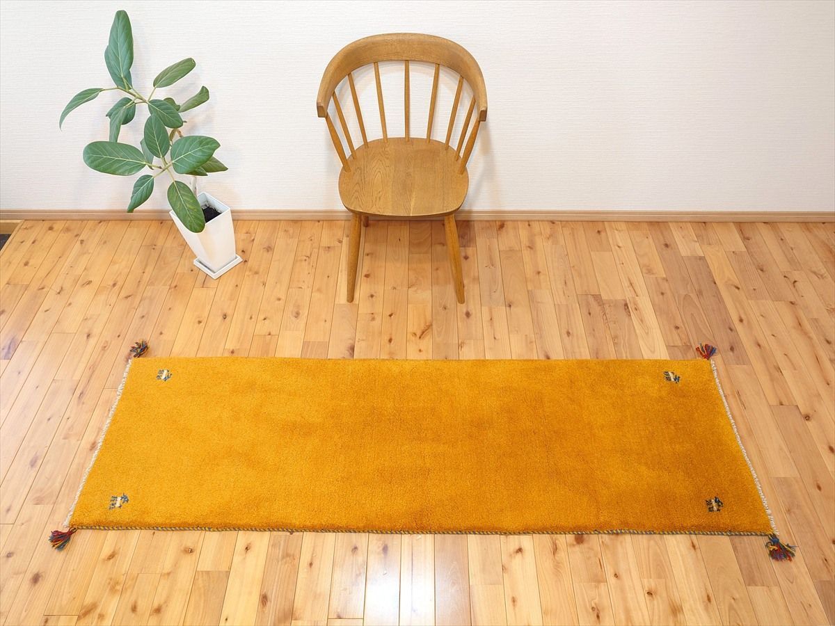 ペルシャ ギャッベ ランナー大 リビング 廊下敷 ラグ 196x60cm 黄金色 シンプル RJ13440