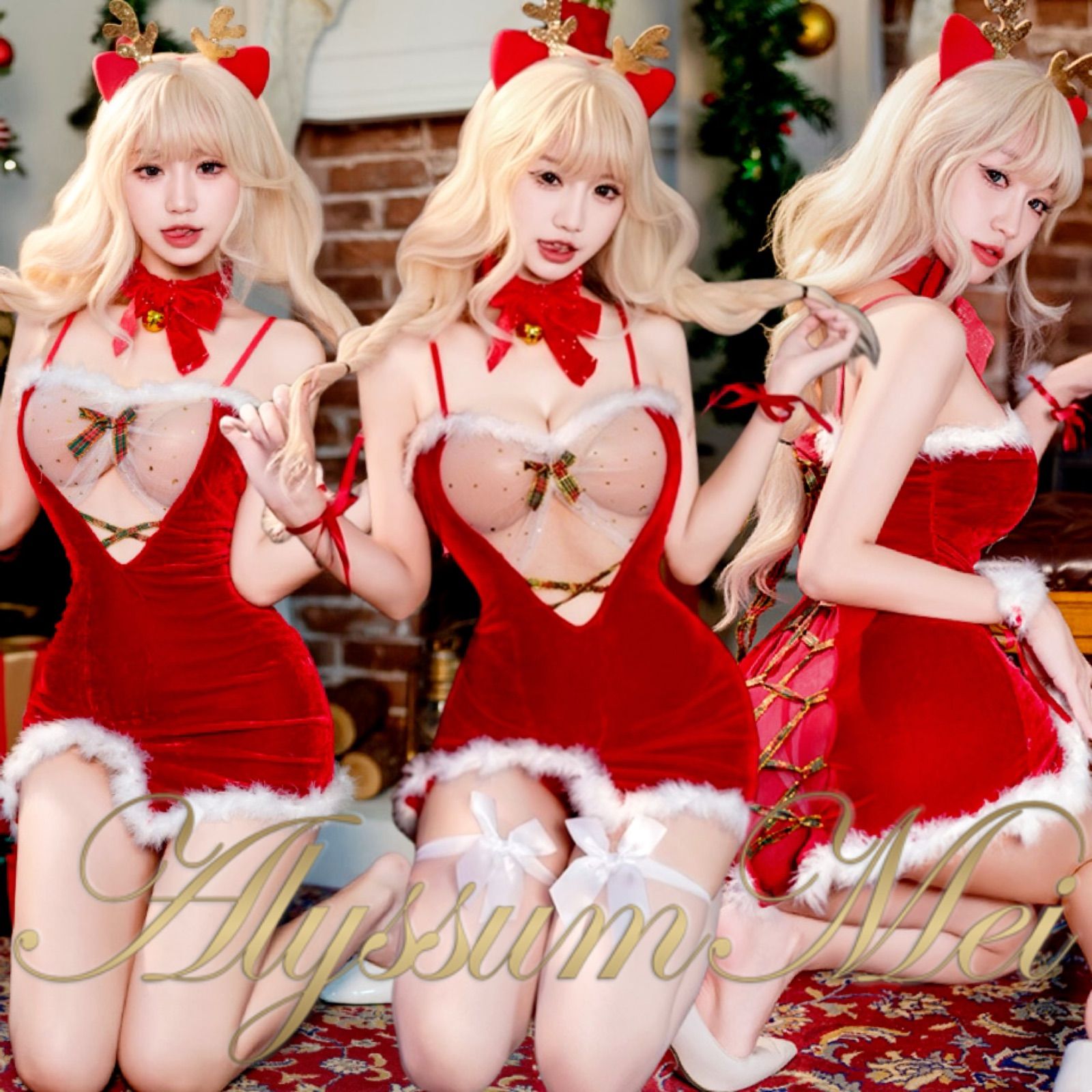 猫耳カチューシャ&Tバック付きセクシー猫耳トナカイサンタコスプレ衣装
