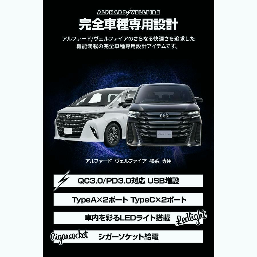 アルファード ヴェルファイア 40系 USB 増設ユニット 1P TypeA×2 TypeC×2 同時充電 急速充電 スマホ トヨタ LED搭載