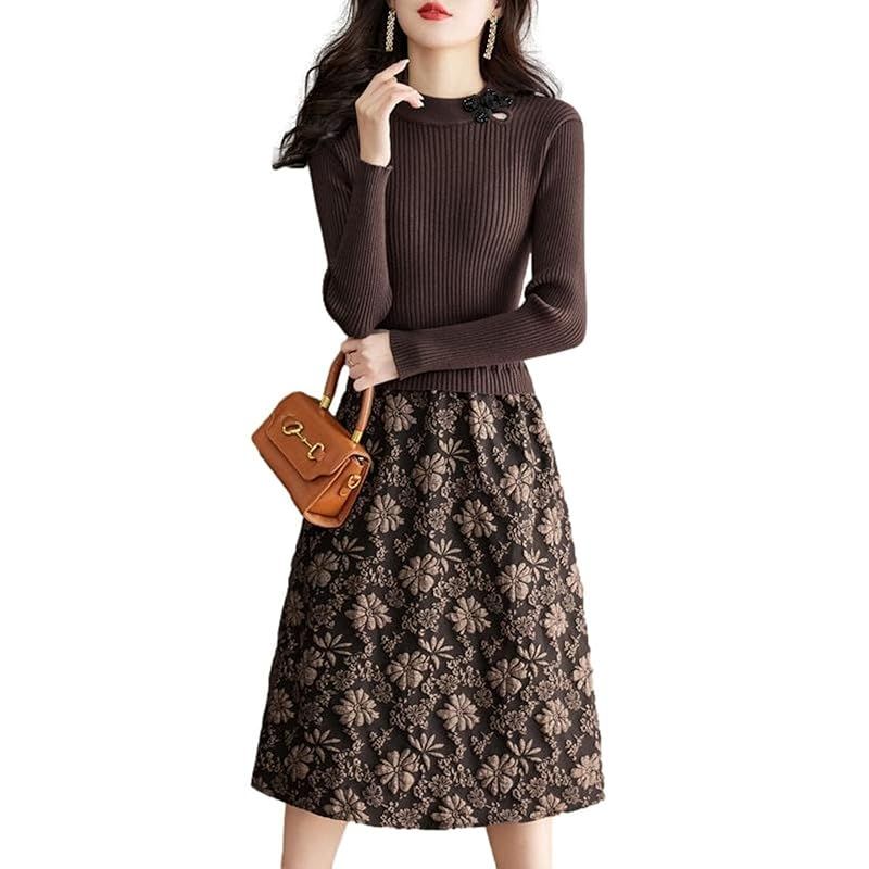 blue beryl ブルーベリル ドッキング ワンピース レディース 異素材切替 リブニット 花柄 フ 長袖 チャイナボタン ブラウン BB 023-BR-M 0