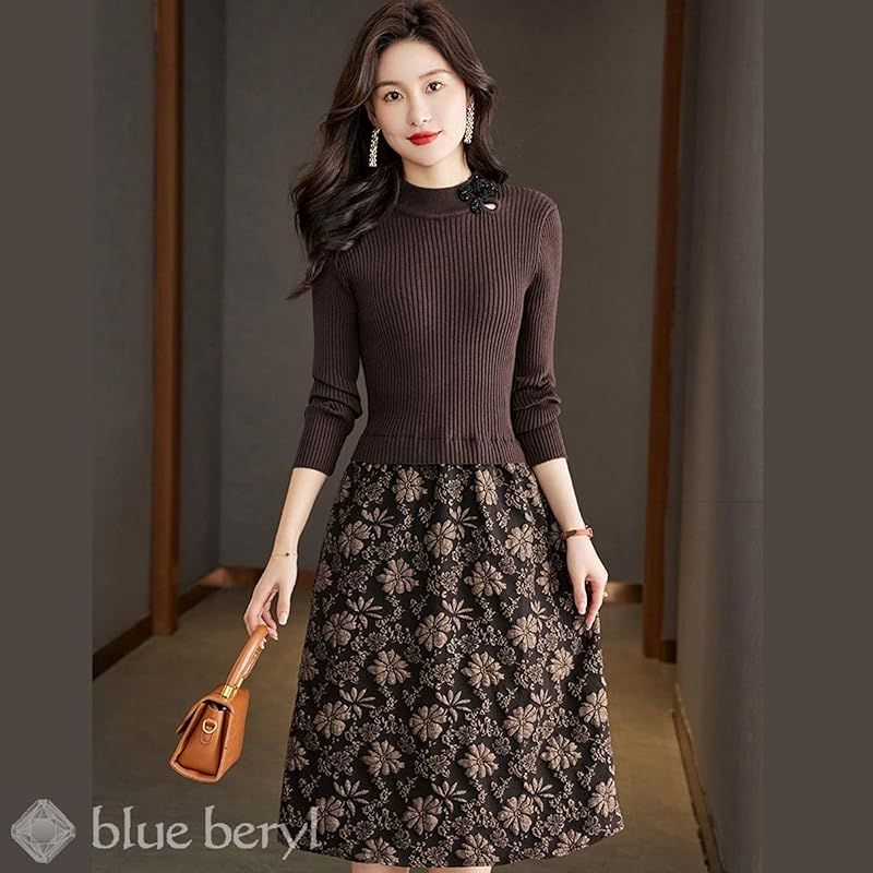 blue beryl ブルーベリル ドッキング ワンピース レディース 異素材切替 リブニット 花柄 フ 長袖 チャイナボタン ブラウン BB 023-BR-M 0