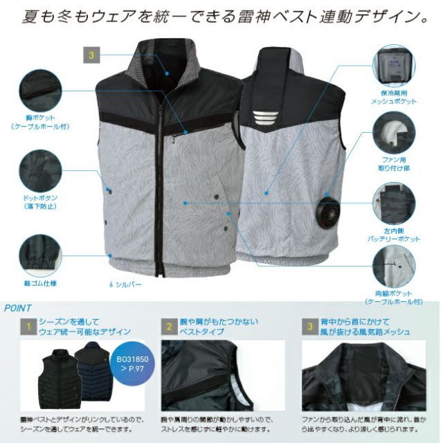 種類3：6：シルバー/LL 【2022年ファン&バッテリーセット付】サンエス SUN-S 空調風神服KF96990 ベスト ジャケット ｜新モデル 新色 UVカット 胸 ポケット ベスト メッシュ マジック パターン 涼しい 夏 夏用 おしゃれ カジュアル メ