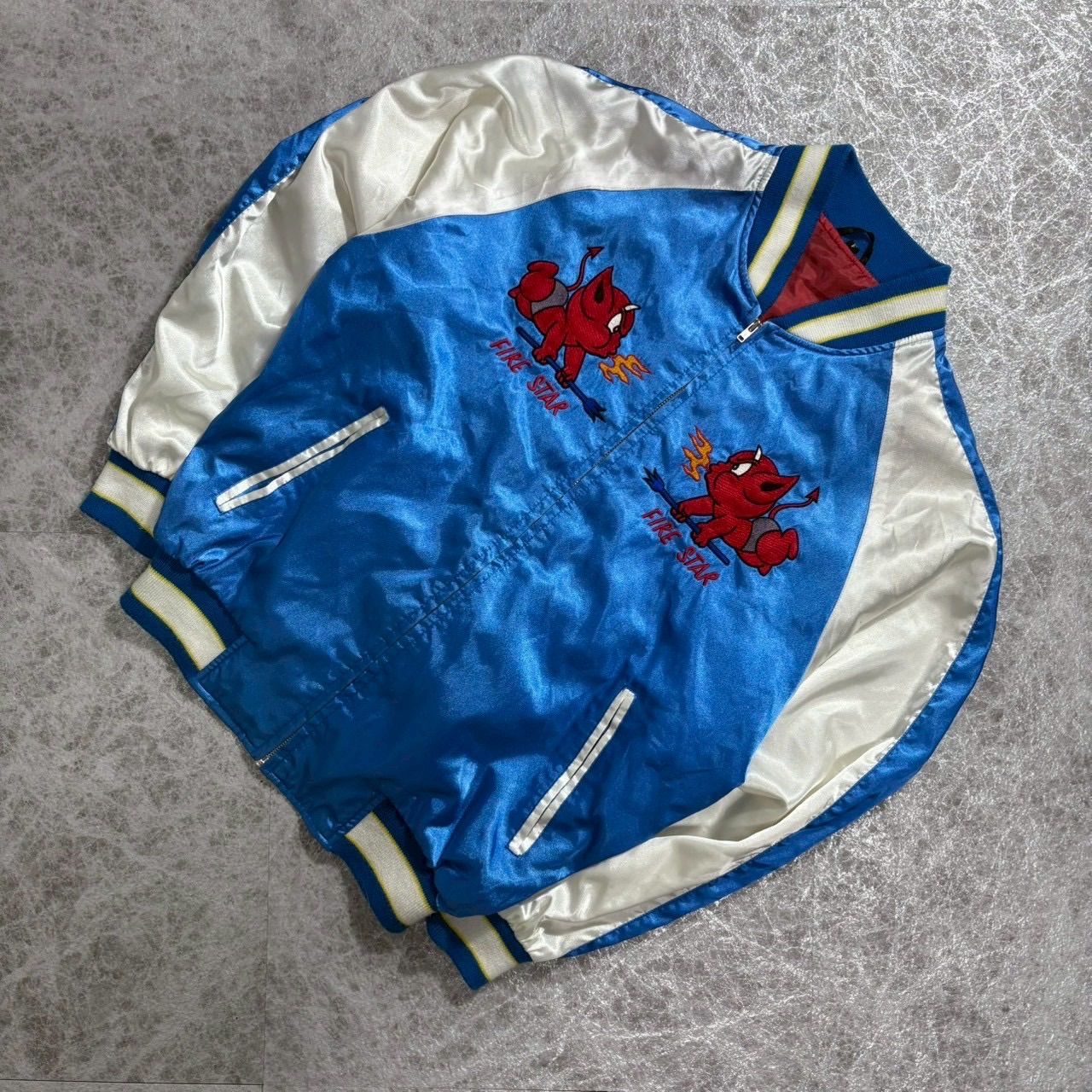FIRE STAR スカジャン FLYING DEVIL 刺繍 日本製 サテン ブルー レッド
