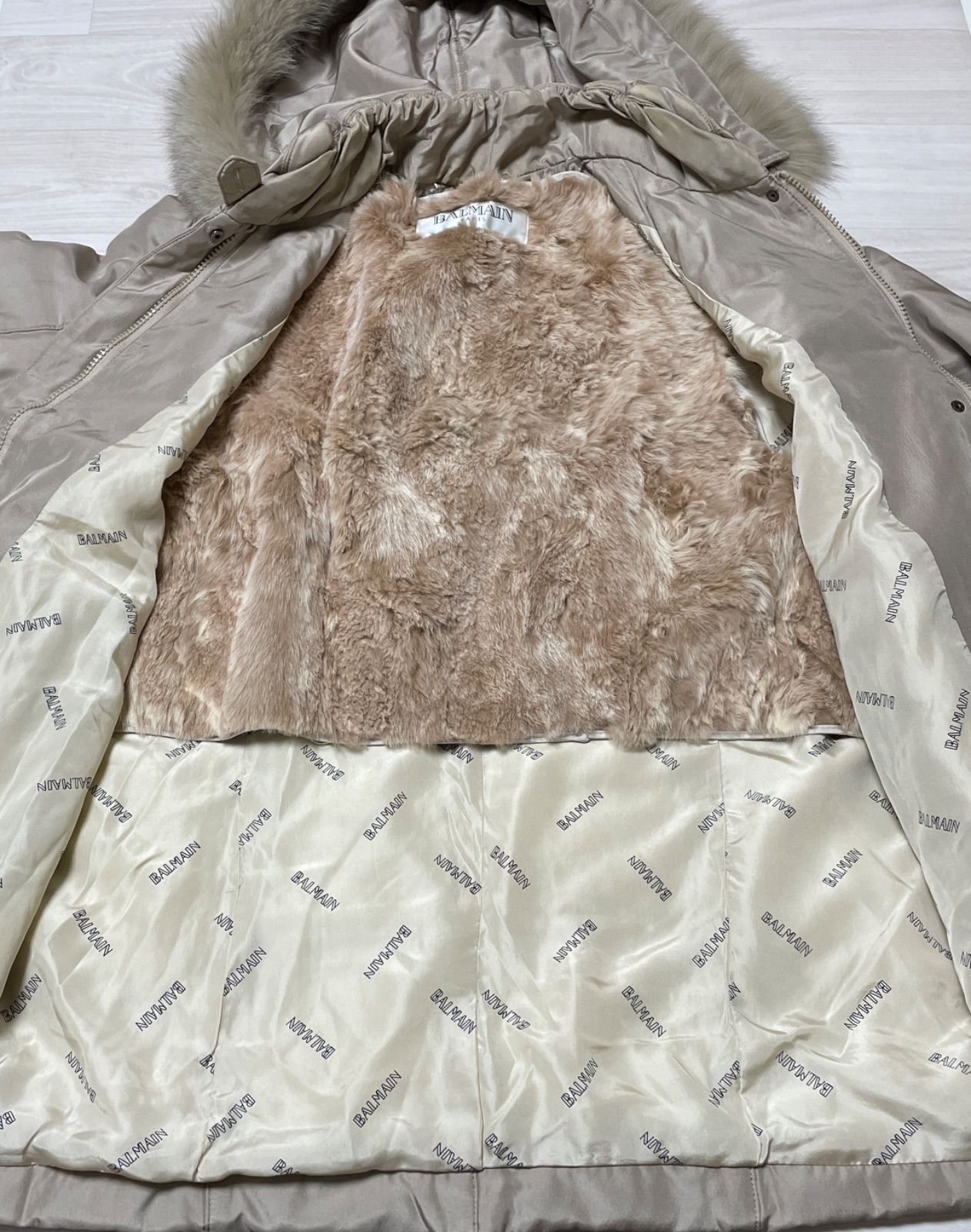 BALMAIN バルマン シルク ダウンコート ラビット ブルー