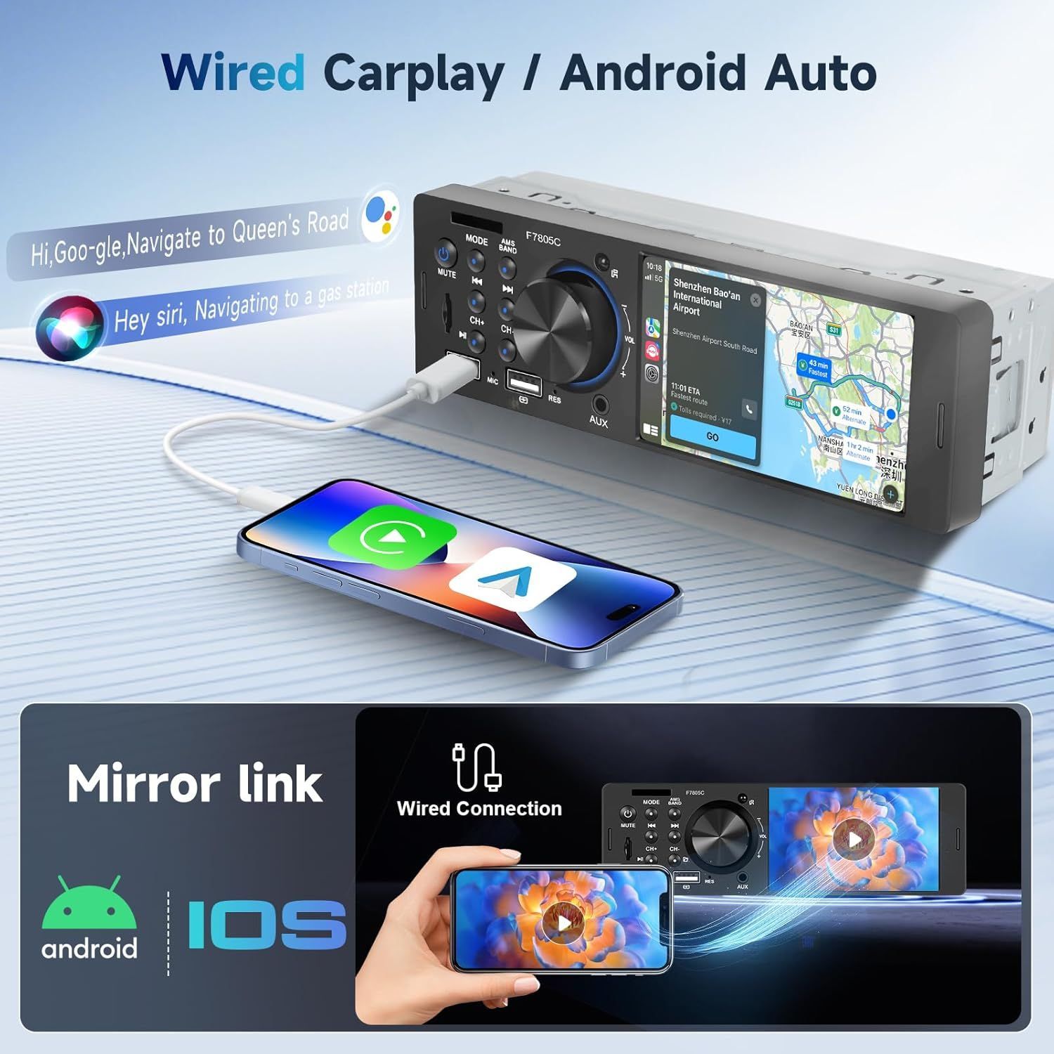 1DIN カーステレオ Bluetooth対応 CarPlay Android 4インチタッチスクリーン MP5プレーヤー
