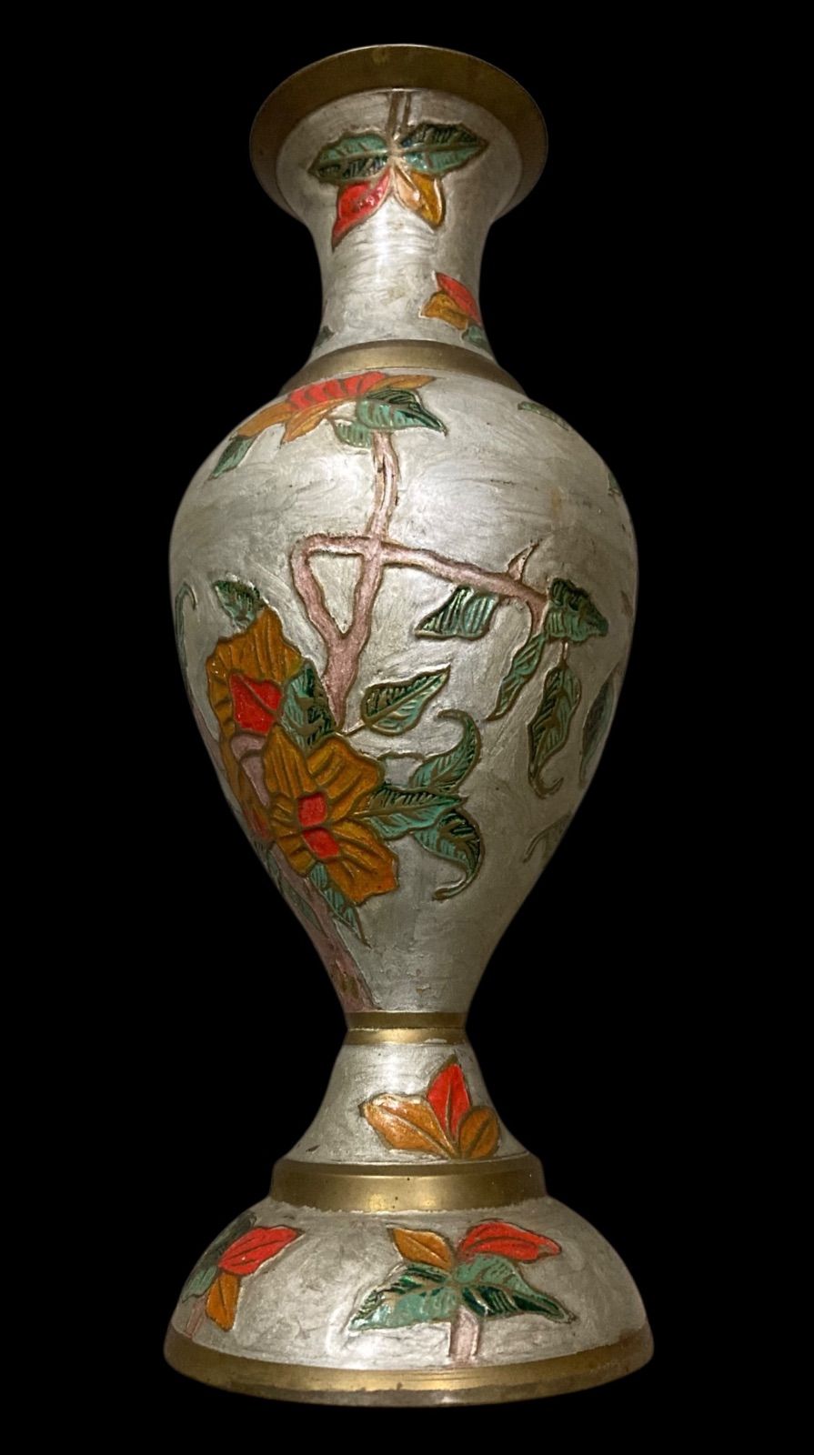 七宝焼 中国美術 花文様花瓶 銀地 赤 橙 花模様 立体的 七宝焼 花瓶 首 胴 台座 金属 上品 装飾品 ムガール王朝 花瓶 インド フラワーベース インテリア アンティーク レトロ ヴィンテージ 時代物 古美術 骨董 N25J 出西 67