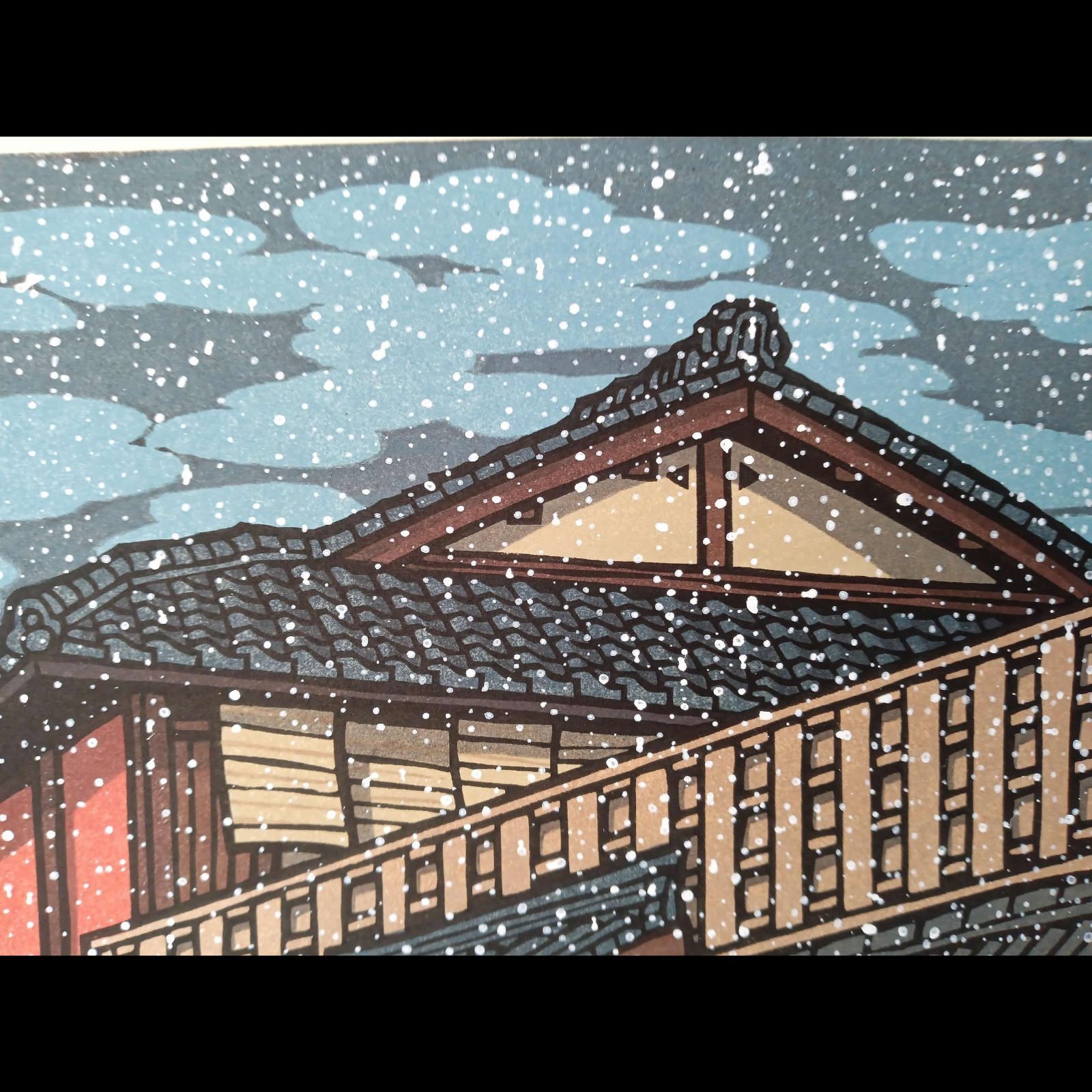 真作]創作版画 西嶋勝之先生木版画「六花」サインあり 無限定 ☆送料