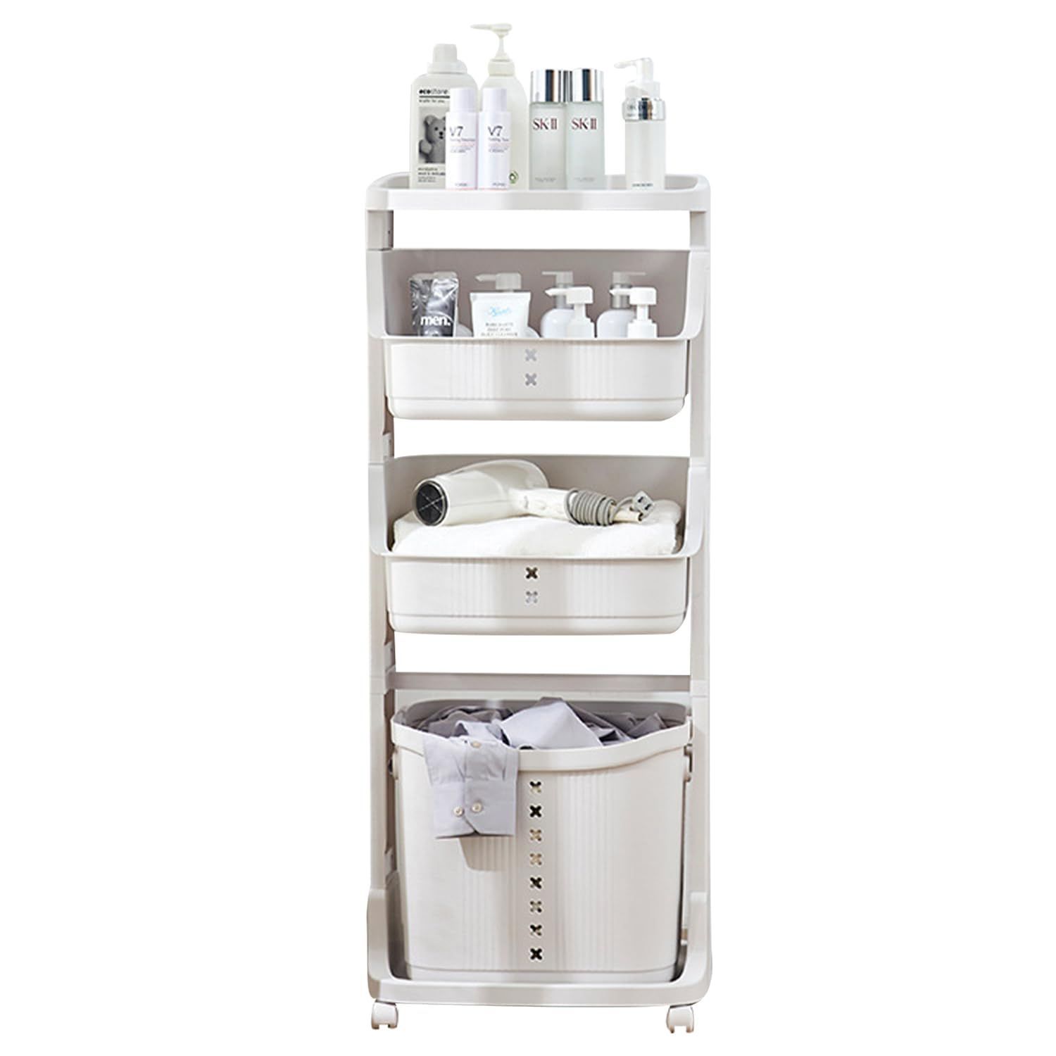 ランドリー収納 収納ラック 洗濯かご 大容量 脱衣所 収納 80L キャスター付き取り外し なバスルーム ランドリーワゴン キッチン ランドリールーム 4段 果物と野菜のおもちゃの収納 ランドリーバスケット キッチン収納に 2～3人家族向け sea NEXPOTALLINN_EU