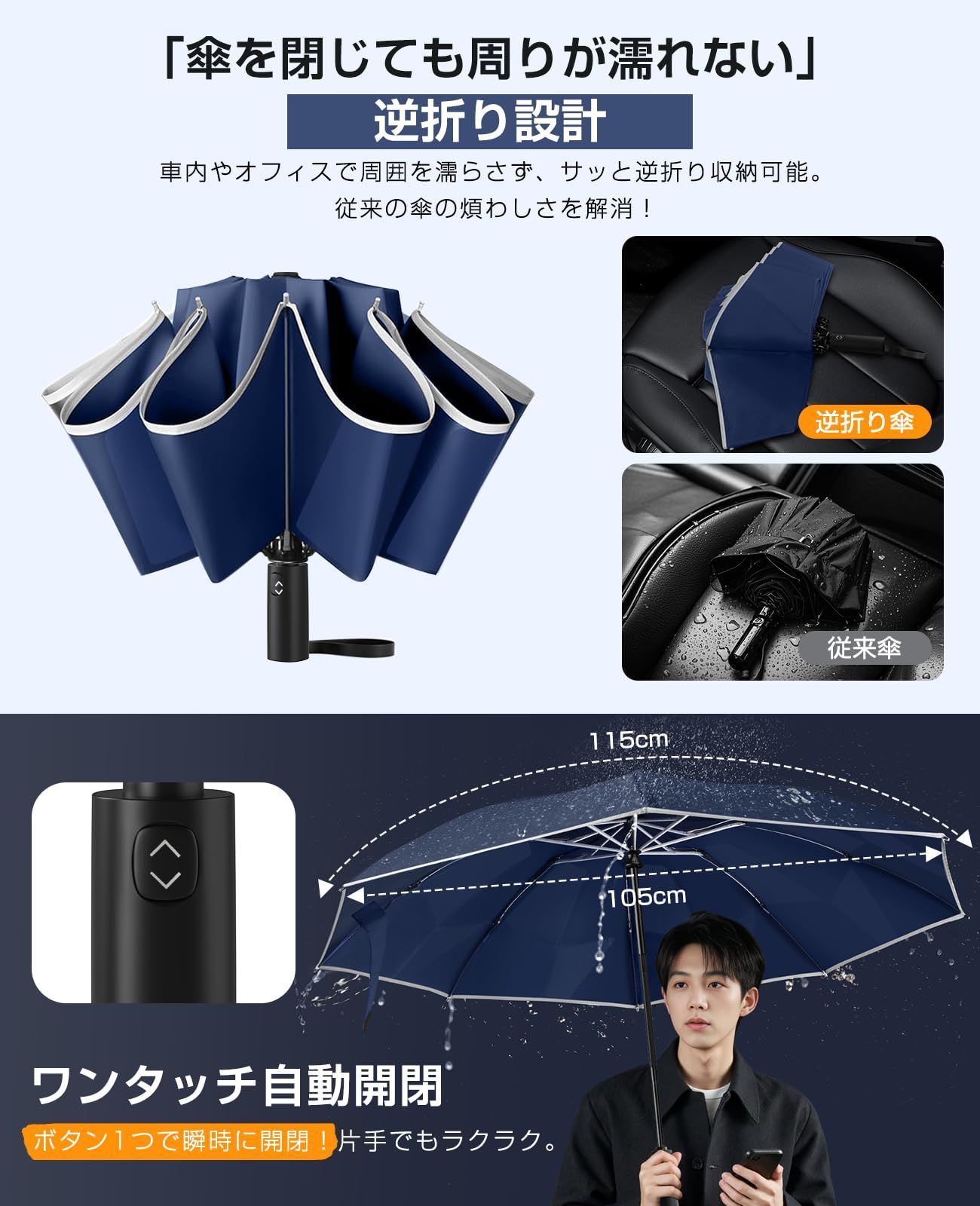 折りたたみ傘 自動開閉 形状記憶 メンズ ３秒で畳める 反射テープ