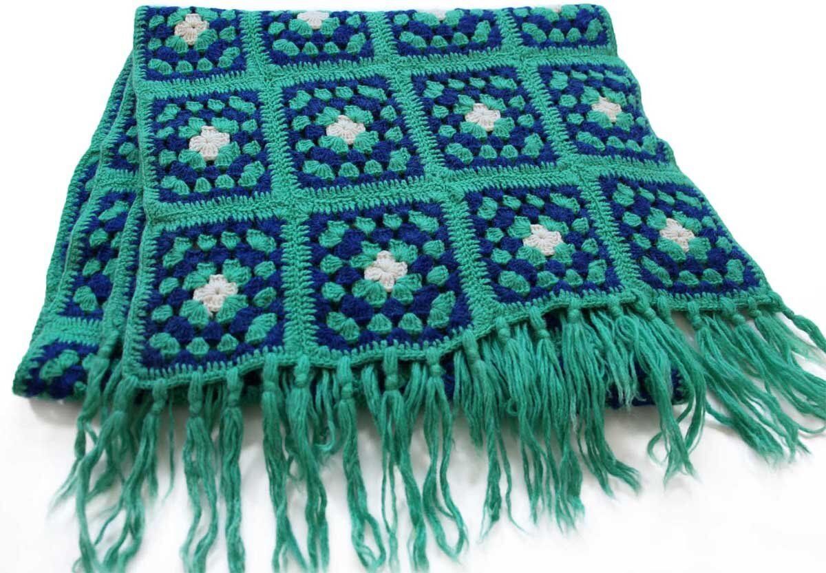 スクエア モチーフ ニット グラニー ブランケット☆K カギ編み ラグ