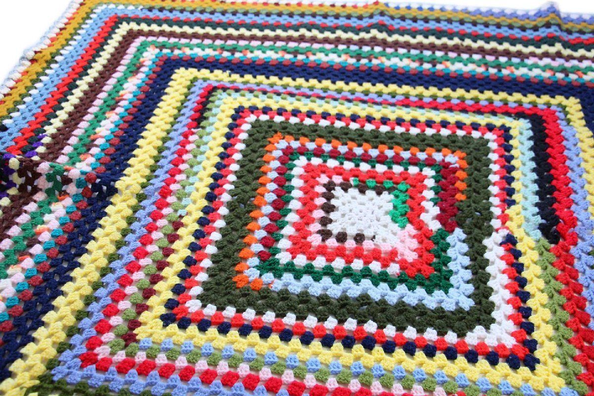 スクエア ニット グラニー ブランケット O カギ編み ラグ ハンドメイド パッチワーク インテリア モチーフ ビンテージ