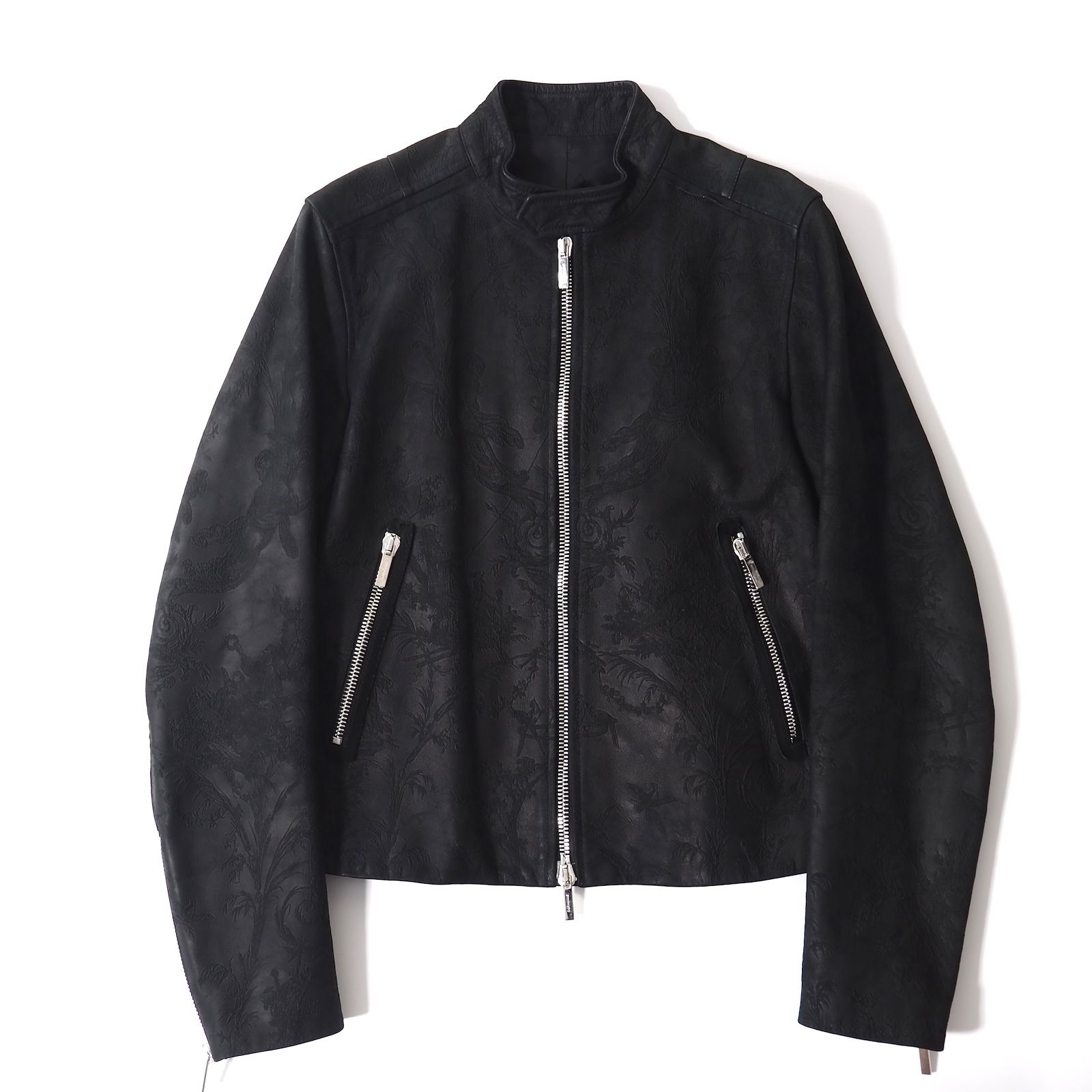 ディオールオム DIOR HOMME トワルドジュイ エンボス加工 刺繍模様 レザージャケット 46 ブラック メンズ 5 YI 008