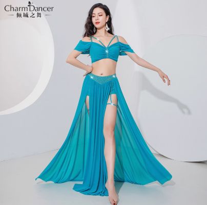 ベリーダンス衣装 天青ブルー レッド 透気速乾メッシュダンスウェア 上下セット 舞台用 イベント用 2025