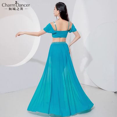 ベリーダンス衣装 天青ブルー レッド 透気速乾メッシュダンスウェア 上下セット 舞台用 イベント用 2025