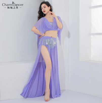 豪華 ベリーダンス衣装 イエロー ドラゴンフルーツ ローズピンク ライトパープル 深V襟フリンジデザイン 上下セット 舞台用 イベント用 2025