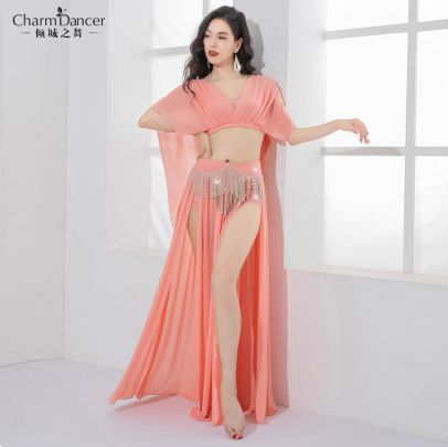 豪華 ベリーダンス衣装 イエロー ドラゴンフルーツ ローズピンク ライトパープル 深V襟フリンジデザイン 上下セット 舞台用 イベント用 2025