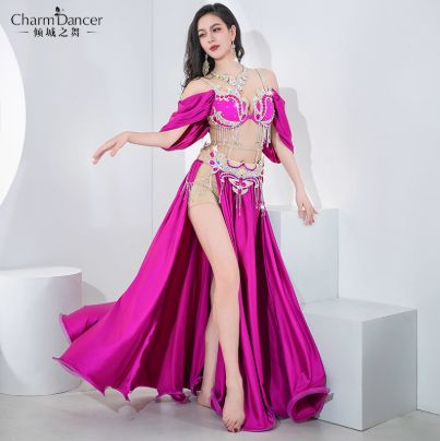 豪華 ベリーダンス衣装 ロイヤルブルー ローズパープル エメラルドグリーン ダブルスリット 大裾スカートデザイン 舞台用 イベント用 パフォーマンス衣装 2025