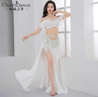 豪華 ベリーダンス衣装 レッド ホワイト エメラルドグリーン アクアブルー 高腰スリット フリンジ装飾 大裾スカートデザイン 舞台用 イベント用 2025