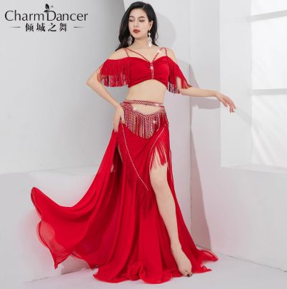 豪華 ベリーダンス衣装 レッド ホワイト エメラルドグリーン アクアブルー 高腰スリット フリンジ装飾 大裾スカートデザイン 舞台用 イベント用 2025