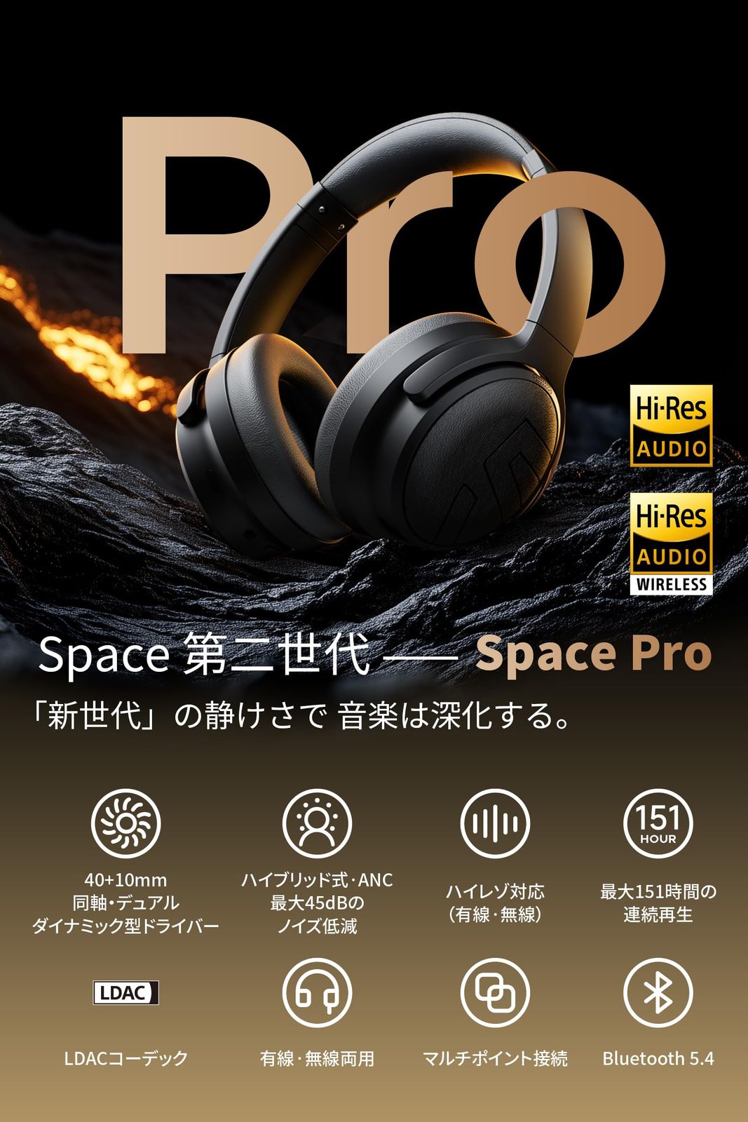 SOUNDPEATS Space Pro ワイヤレスヘッドホン LDAC ハイレゾ対応 ワイヤレス 有線 アクティブノイズキャンセリング 最大47dB 40mm 10mmデュアルドライバー 最大151時間音楽再生 マルチポイント対応 無線