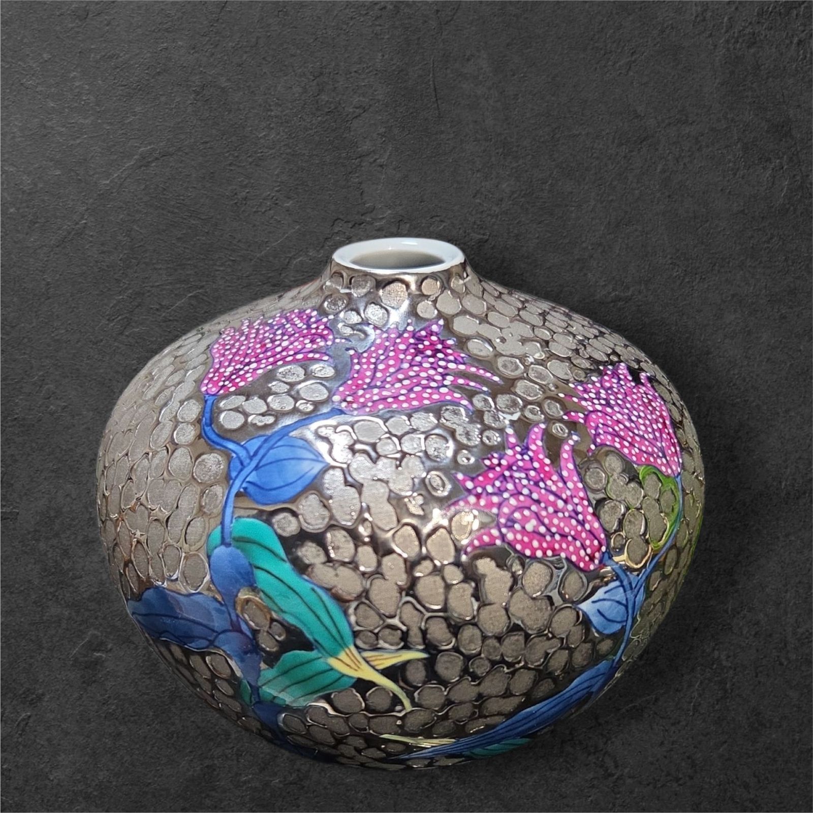 有田焼 陶芸作家 藤井錦彩 染錦プラチナ彩不如帰絵飾り壷 錦彩作 花入 花瓶 飾り壷 壺 レトロ アンティーク 古美術 骨董 KK 出 1