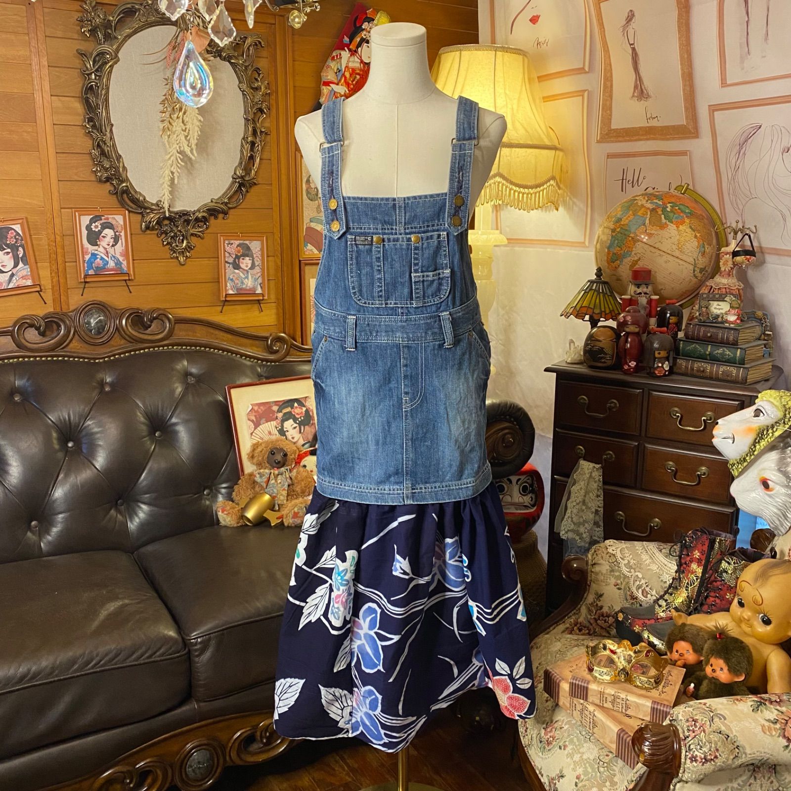 和洋折衷リメイク 浴衣 デニム オーバーオール サロペット ワンピース パッチワーク コラージュ ドッキング 切り替え レトロ 古着 ハンドメイド 花咲く紺夜 0-87