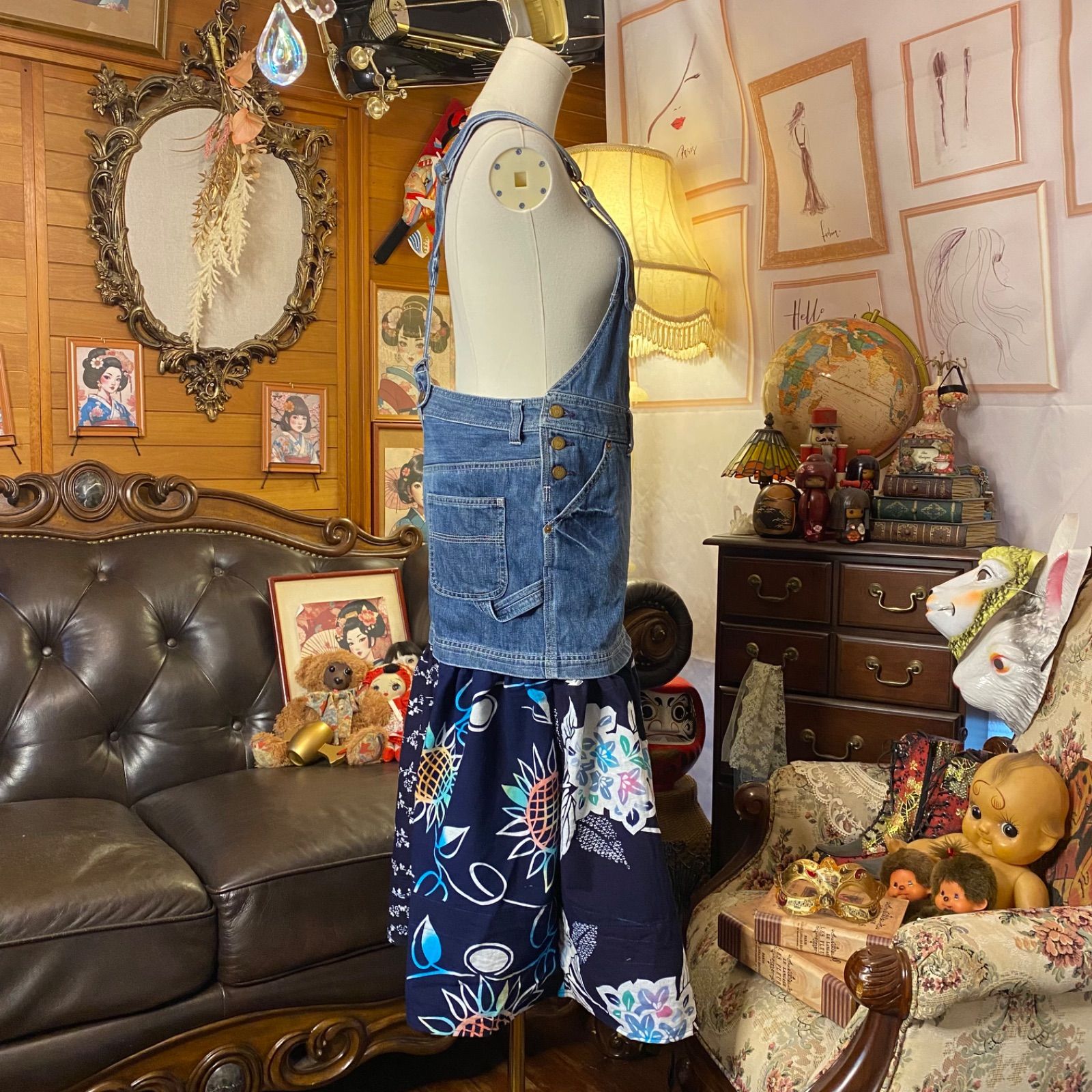 和洋折衷リメイク 浴衣 デニム オーバーオール サロペット ワンピース パッチワーク コラージュ ドッキング 切り替え レトロ 古着 ハンドメイド 花咲く紺夜 0-87 FORTGASGNV_COM_BR