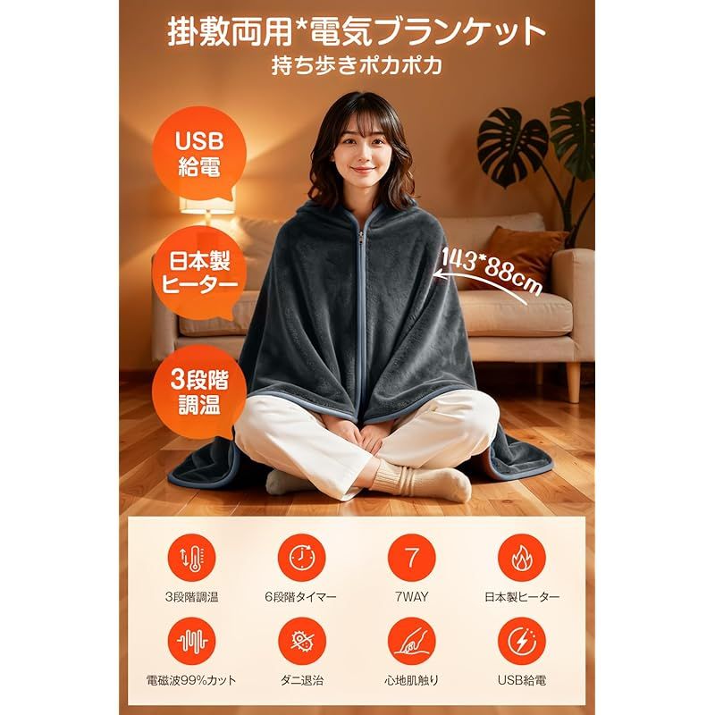 電気毛布 掛け敷き兼用 【2025新登場 9箇所発熱 143×88cm大判】 USB/DC
