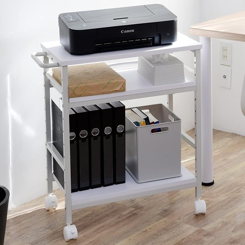 山善(YAMAZEN) デスク サイドワゴン キャスター付き 幅35×奥行55(61.5)×高さ70cm A4対応 棚板高さ調節 プリンター 台 ゲーム ラック 組立品 ホワイト MWT-60(WH/IV) 0